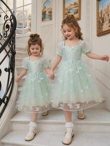 SHEIN Glamorique Kids 小女孩公主裙，3D蝴蝶花朵网纱裙，绿色薄纱裙，泡泡袖，生日派对，婚礼节日正式礼服 - 綠色 - 查看 10