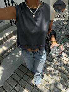 Siren Gaze Spring/Summer New Solid Color Lace Patchwork Tank Top - Dark Grey - View 7