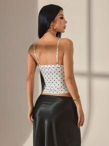 SHEIN PETITE Women's French Sexy Polka Dot Print Lace Patchwork Cropped Camisole ,Petite Women - Black and White - View 2