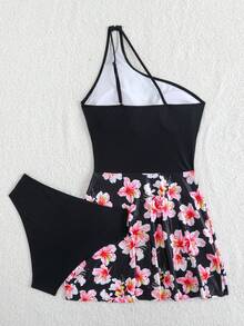 Swim Lushoire 2025 Women's New One-Shoulder Soft Color-Block Slimming 2-Piece Separates Swimsuit - Black - View 2