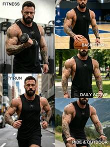 GymBeat 男士運動蜘蛛圖案無袖健身背心，寬鬆訓練上衣，健身房適用 - 黑色 - 查看 7