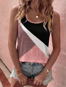 EMERY ROSE Fashion Casual Retro Color Block Striped Print Basic U-Neck Women's Tank Top - Multicolor - View 4