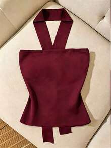 Franclia Casual Women's Rhinestone Buckle Design Fashion Halter Top - Burgundy - View 2
