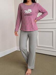 Embroidered Round Neck Comfortable Long Sleeve & Long Pants Women Pajama Set - Hot Pink - View 5
