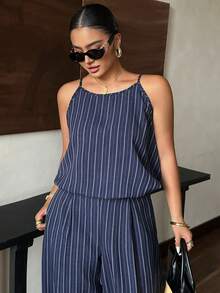 Dazy Plus Striped Korean Style Sleeveless Camisole Tank Top And Casual Long Pants 2pcs Set For Girls, Spring/Summer Blue - Navy Blue - View 1