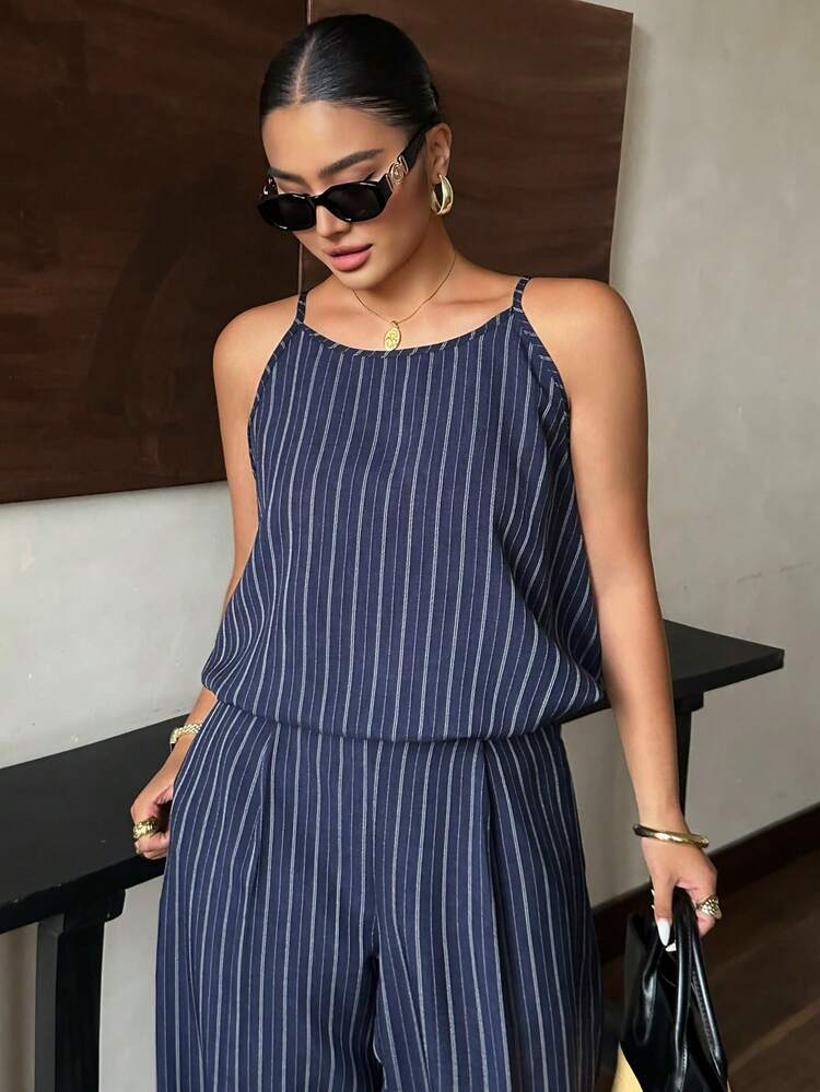 Dazy Plus Striped Korean Style Sleeveless Camisole Tank Top And Casual Long Pants 2pcs Set For Girls, Spring/Summer Blue