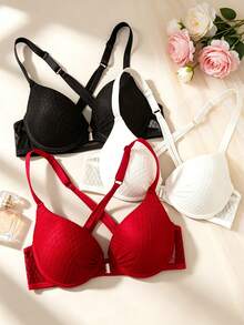 EmpressEnvy Conjunto de 3 piezas de sujetador con cierre delantero de encaje y unicolor elegante - Multicolor - Ver 8