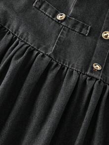 GlowEve 女士方领短袖时尚夏季前扣褶裥牛仔连衣裙 - 黑色 - 查看 7