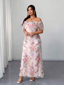 Elenzga Plus Size Spring/Autumn Off Shoulder Ruffle Waist-Cinched Bodycon Mesh 3D Floral Fabric Elegant Romantic Exquisite Women's Dress Fall - Multicolor - View 4