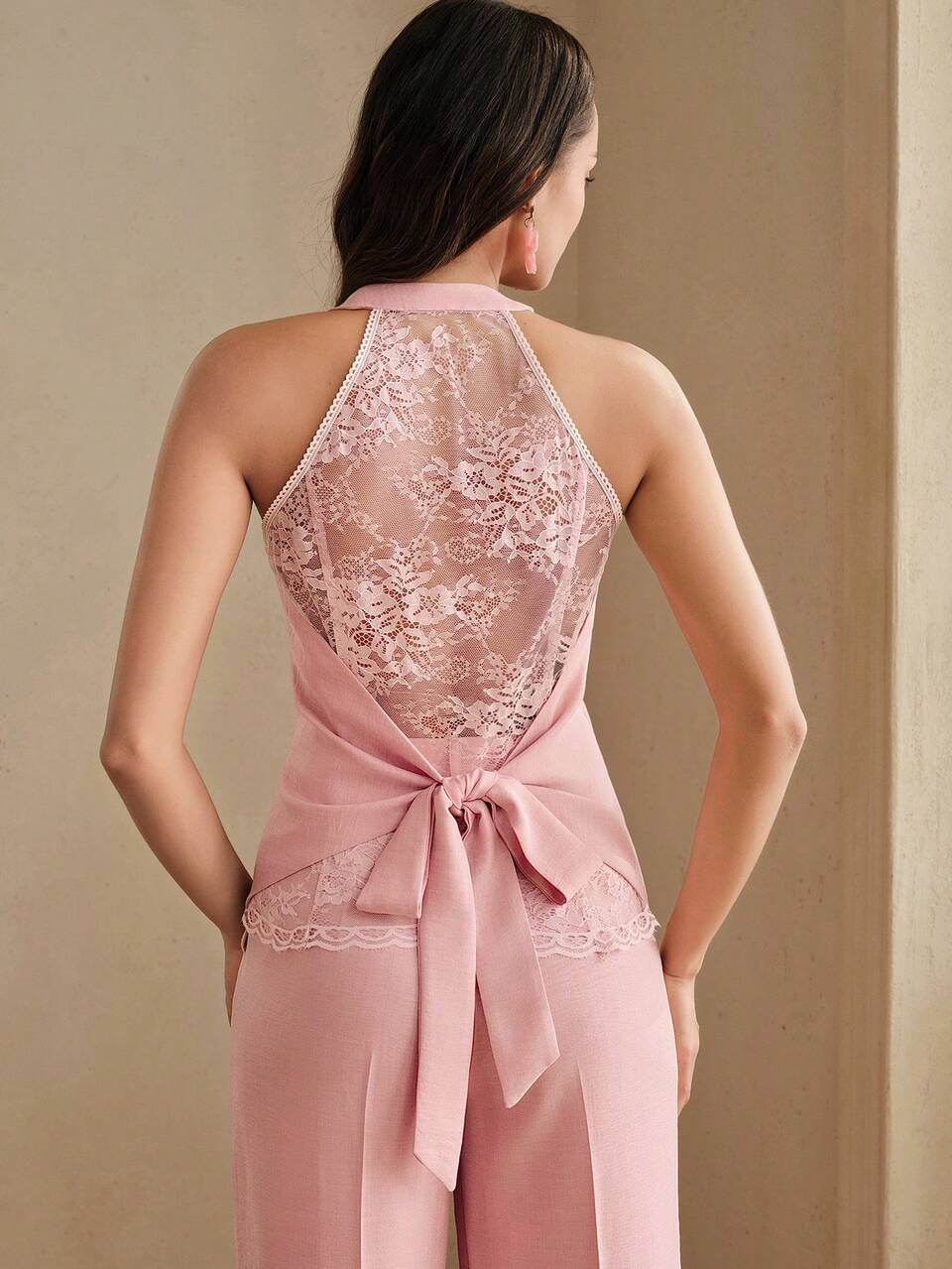 Urban Modern New Retro Sexy Slightly Sheer Back Lace Patchwork Back Lace-Up Bow Solid Color Sleeveless Open Front Vest Jacket + Casual Versatile High Waist Draped Women's Long Pants Women's Suit Set
