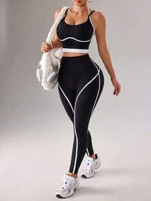 SHEIN Dewbera 無縫高彈力瑜珈健身女款運動對比色休閒日常套裝 - 黑色 - 查看 3