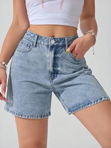 SHEIN Unity Quần short denim nữ dáng rộng, chất liệu denim mài, có túi xéo, thích hợp cho mùa hè. - Rửa nhẹ - Xem 5