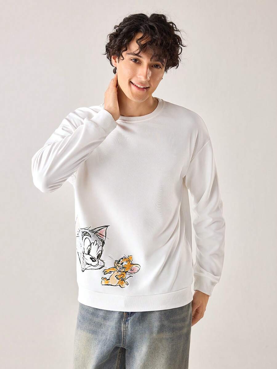 Strevion TOM & JERRY 男士休闲汤姆和杰瑞字母印花圆领长袖卫衣,春秋季 - 白色 - 查看 1