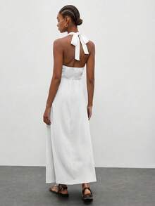 Maija Women's Long A-Line Halter Neck V-Neck Sleeveless Waist-Defining Fitted A-Line Vacation Dress - White - View 2