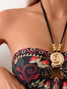 Swim Lushoire Women's Mature Vacation Tankini Tankini Set, 2-Piece Design With Wide Skirt, Print, Metal Gold Conch Shell Shape Trim, Gold Bead Shoulder Straps, 2-Piece Mature Vacation Tankini Tankini - Black - View 5