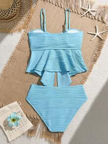 SHEIN Teen GirlCamisole Style Bikini, Black Bikini Two Pieces Set, Teen GirlVacation Swimwear, Spring/Summer - Blue - View 2