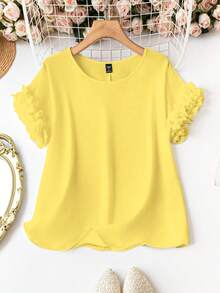 SHEIN LUNE Áo sơ mi nữ size lớn cổ tròn tay ngắn màu vàng - Màu vàng - Xem 1