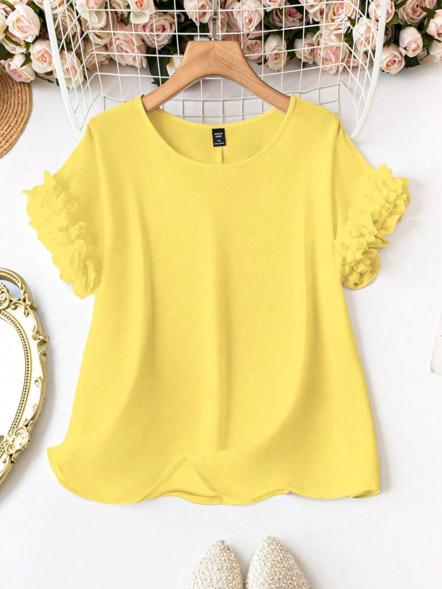 SHEIN LUNE Áo sơ mi nữ size lớn cổ tròn tay ngắn màu vàng - Màu vàng - Xem 1