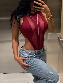 SHEIN SXY 酒紅色網格拼接性感透視連身衣，適合夜店外出的夏季穿搭 - 酒紅色 - 查看 5
