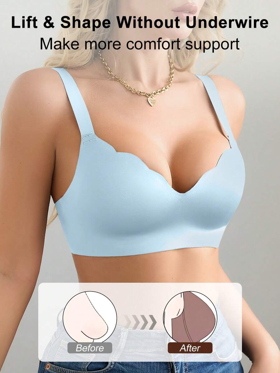 NudeFit 1pc Seamless Minimalist Wavy Edge Solid Color No Underwire Push Up Full Coverage Women Bra - Blue - View 1