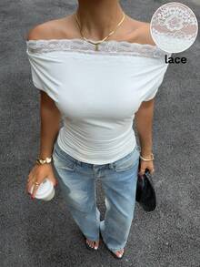 Muchica Kaos Rajut Bergaris Model Off Shoulder dengan Detail Kerut untuk Wanita, Koleksi Musim Semi/Panas - Putih - View 6