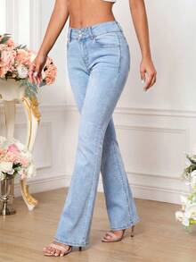 SHEIN PETITE 女款簡約日常拉鍊開襟喇叭牛仔褲 - 藍色 - 查看 5