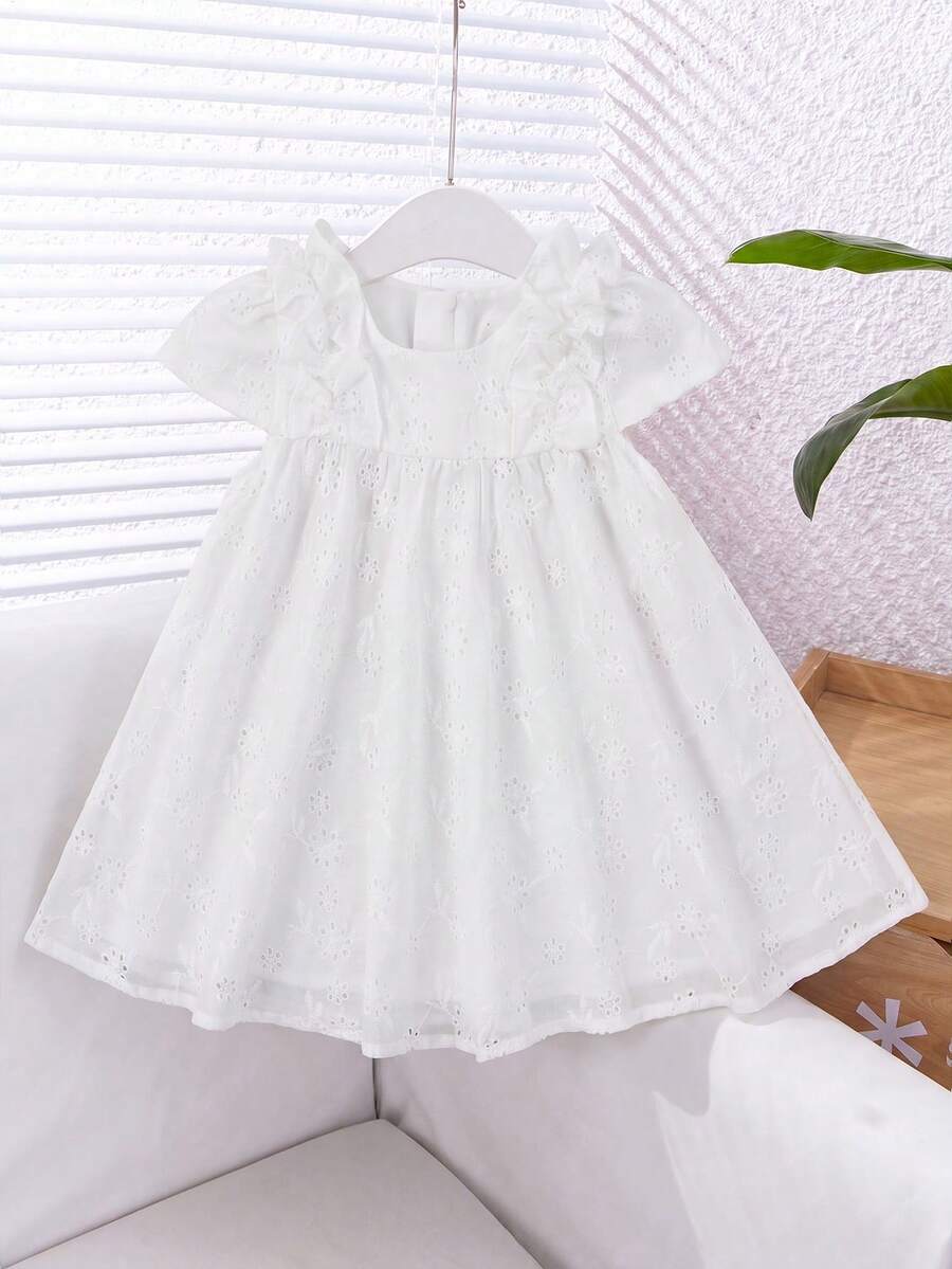 Baby Girl Summer Cute Solid Color Embroidered Hollow Pattern Ruffle Sleeveless Dress - White - View 1