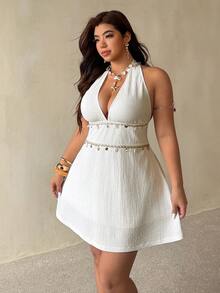 Auralis Deep V-Neck Plus Size Fitted Waist A-Line Bohemian Resort Mini Dress/Plus Size Dress/Backless - Apricot - View 7