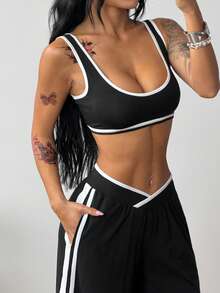 Coolane Black High Stretch Sports Set For Women, Breathable Athleisure Crop Top And Wide Leg Pants Two Piece Outfit - Black and White - View 2