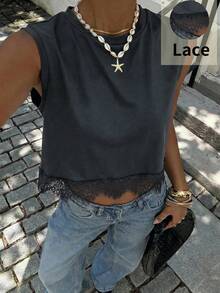 Siren Gaze Spring/Summer New Solid Color Lace Patchwork Tank Top - Dark Grey - View 8