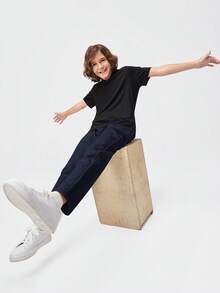 SHEIN 青少年男孩素色腰部抽繩口袋休閒長褲 - 藏蓝色 - 查看 6