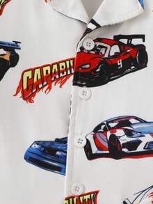 Summer Young BoyPajama Set, Cute Hot-Blooded Cartoon Racing Car Print, Soft Comfortable Flame Retardant Milk Silk Fabric, Lapel Cardigan Short Sleeve & Long Pants 2 Pieces Loungewear - White - View 8