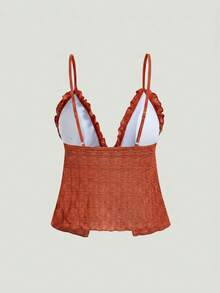 SHEIN MOD Sunny Beach Vacation Women's Solid Color Lace-Up Camisole Top And Shorts 2-Piece Swimsuit Set Burnt Orange Summer Sexy Tropical - Rust Brown - View 9