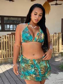Swim Vcay 2026 New Summer Vacation Wild Plus Size Women's Snake Print Halter Bikini Set With Cover Up Skirt Teal Beach Sexy - Multicolor - View 5