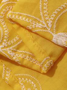 Livesso Áo sơ mi nữ tay ngắn kiểu Pháp tay cánh hoa, dáng rộng, phong cách thanh lịch, họa tiết jacquard đục lỗ màu vàng, mặc thường ngày, đi chơi, dự tiệc cưới, mùa xuân hè - Màu vàng - Xem 3