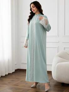Al Najma Women's Contrast Lace Stand Collar Long Sleeve Elegant Arabian Dress - Green - View 4