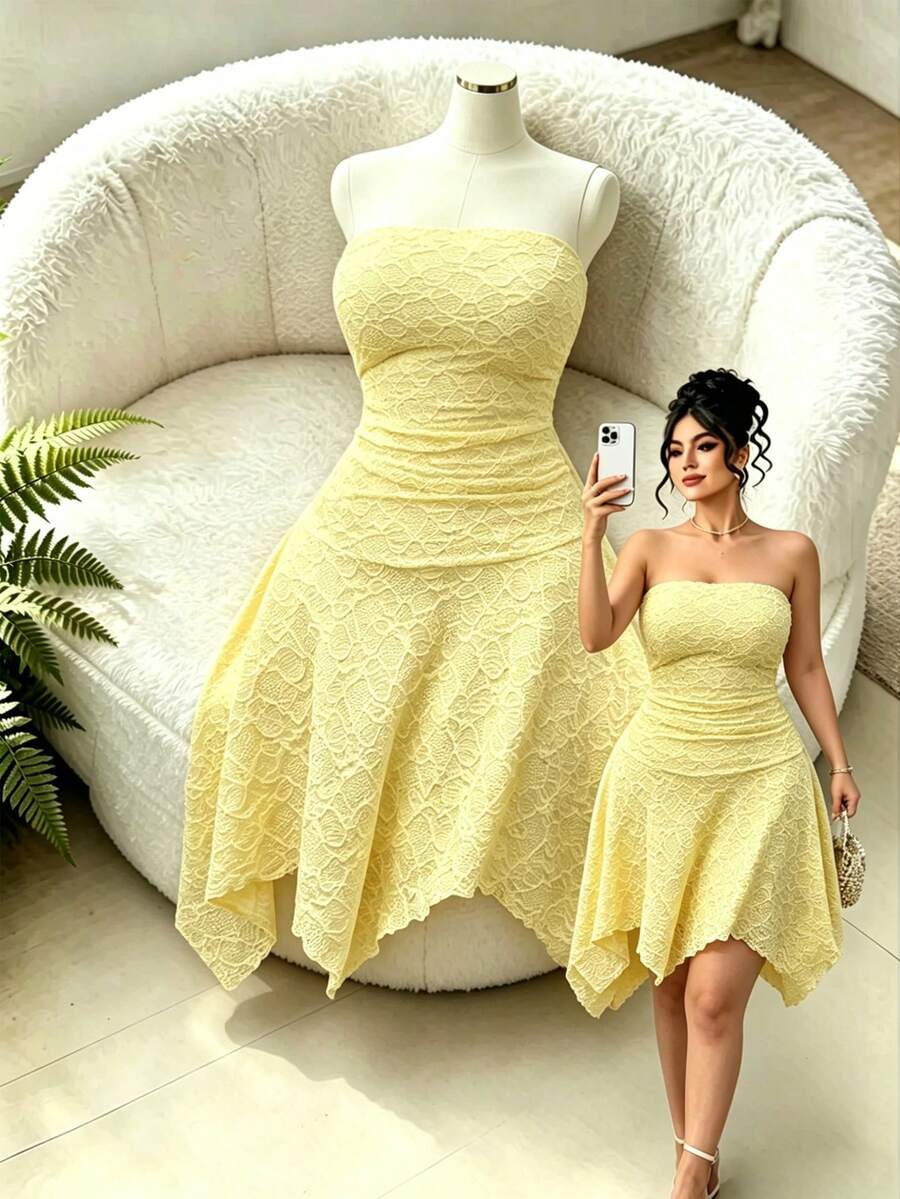 SHEIN Clasi Plus Size Women's Elegant Minimalist Casual Fashion Daily Gym Date Party Asymmetrical Hem Brown Knitted Texture Short Dress Summer - Yellow - View 1