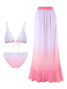 Swim SXY 夏季新款女款3件組海灘套裝 漸層印花 隨機細肩帶三角比基尼上衣 + 泳褲 + 海灘裙 - 淺粉色 - 查看 4
