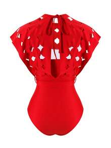 Swim Oasis Hollow Out Solid Color Round Neck Women's Belt Set Premium - Red - View 4