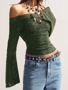 Bohemela 波西米亞復古休閒純色針織蕾絲露肩喇叭長袖修身女上衣 - 水鴨藍 - 查看 4