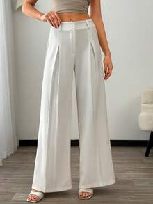 EURMUSE Damen Einfarbig Plissee Design Weite Beine Locker Lässig Lange Hose - Beige - Übersicht 5