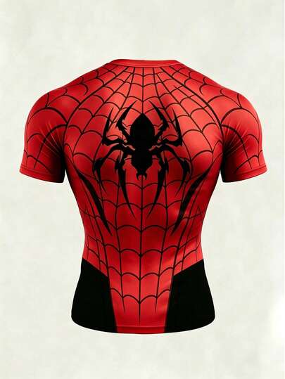 GymBeat Kaos Olahraga Pria Lengan Pendek Kerah Bulat dengan Motif Jaring Laba-laba dan Warna Kontras