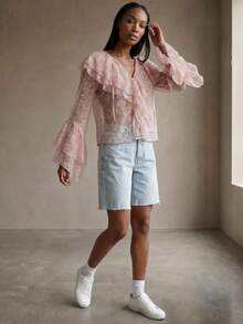 Rouah Women's V-Neck Ruffle Boho Lace Blouse - Summer Blouse, Sheer Blouse, See Thru Blouse, Blouse For Summer, Layering Blouse, Boho Blouse - Pink - View 3