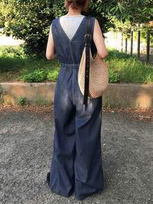 FRIFUL 女款休閒度假風純色無袖繫腰寬腿連身褲 夏季野餐海軍藍 - 藍色 - 查看 4