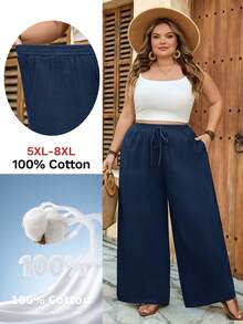 SHEIN CURVE+ 大尺碼US22音樂節、海邊度假、波西米亞風女款夏季休閒沙灘套裝，時尚商務通勤優雅寬腿口袋長褲，蓮花粉色，夏季長褲/鄉村/海邊度假套裝/沙灘套裝/沙灘穿搭 - 霧霾藍 - 查看 7