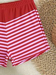 SHEIN Tween Girls Swimwear Set, Simple Striped Print, Halter Halter And Shorts, Suitable For Beach, Vacation, Outings, Sand, Summer - Pink - View 5