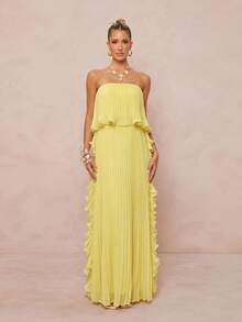 Lumalex New Spring/Summer Pleated Lemon Yellow Lace Trim Bandeau Long Dress Dinner Day Party Elegant - Light Yellow - View 8
