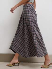 Nöista Diagonally Patchwork Plaid Maxi Skirt, A-Line , Casual Elegant.  Versatile Practical . Wardrobe Essential, Perfect Everyday . Fall Winter. - Pink - View 1