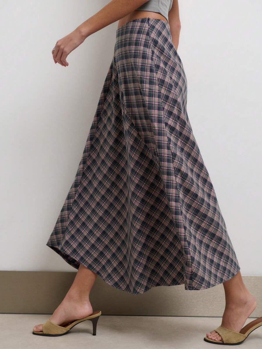 Nöista Diagonally Patchwork Plaid Maxi Skirt, A-Line , Casual Elegant. Versatile Practical . Wardrobe Essential, Perfect Everyday . Fall Winter. - Pink - View 1