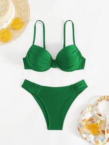 Swim Lushoire 女款黑色性感鋼圈托高抓皺胸衣比基尼泳褲兩件式比基尼套裝，夏季海灘穿搭女裝，度假泳裝 - 綠色 - 查看 7